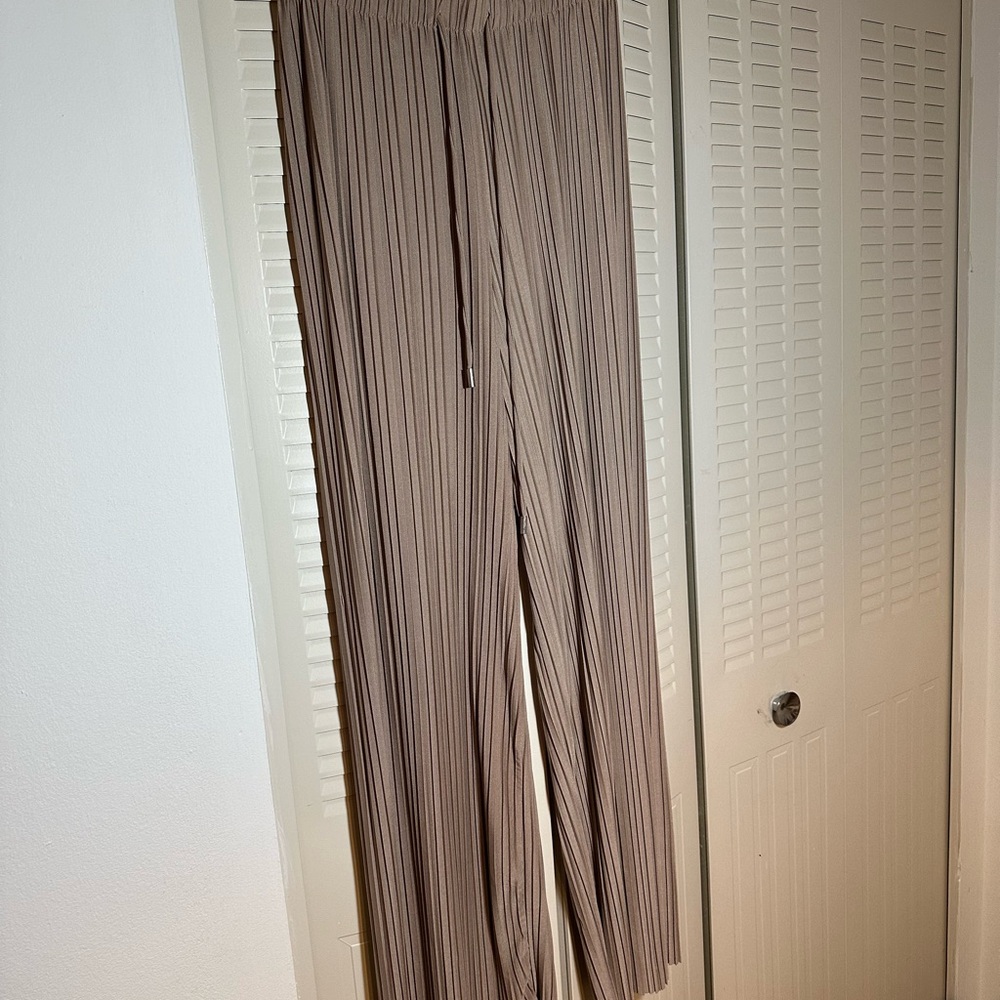 Pleated Tan Wide-Leg Palazzo Tie Pants